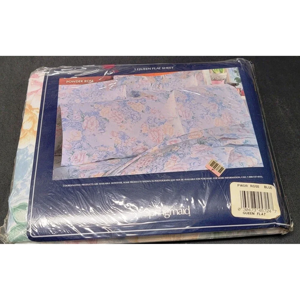 VINTAGE SPRINGMAID NOS QUEEN FLAT SHEET Powder Rose Blue NO IRON 180 PERCALE USA